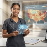Medical assistant in scrubs with tablet and US salary heatmap overlay, salary table and stethoscope on desk