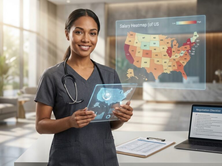 Medical assistant in scrubs with tablet and US salary heatmap overlay, salary table and stethoscope on desk