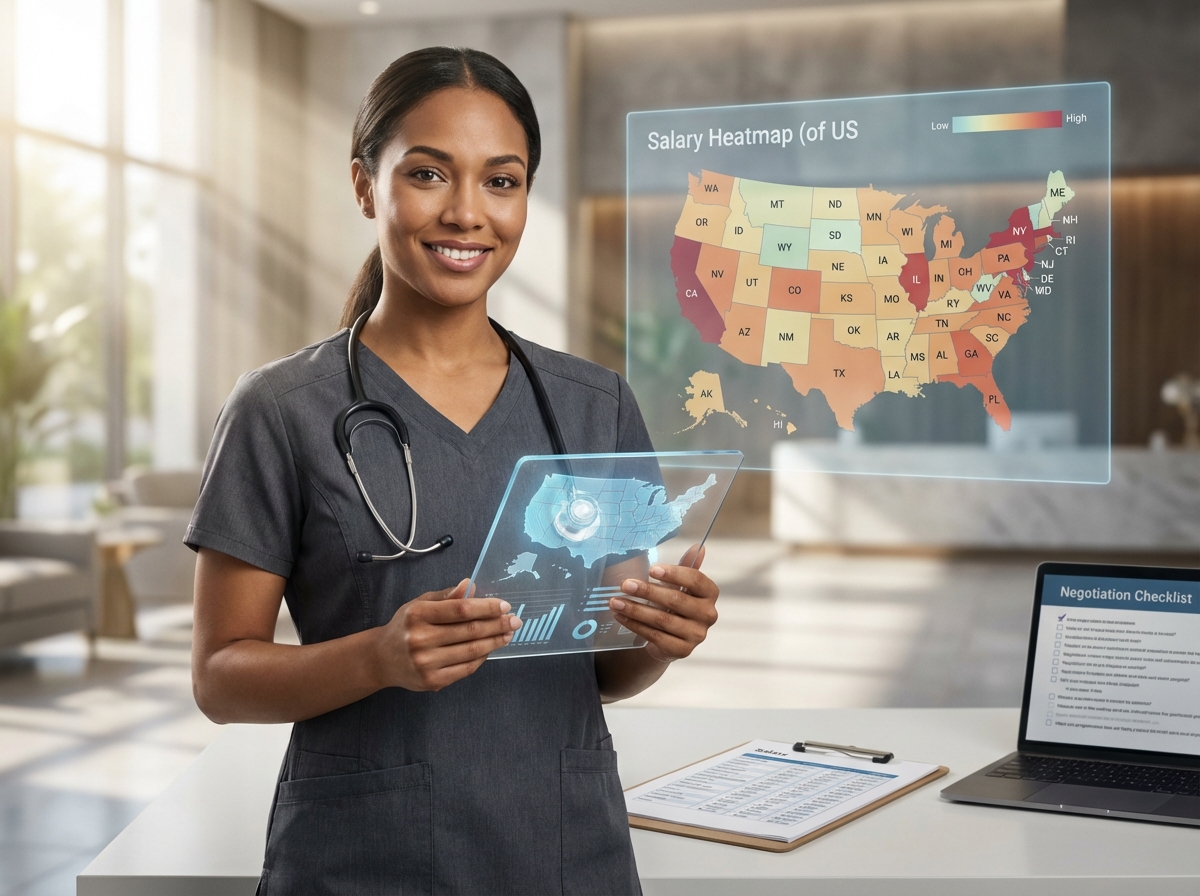 Medical assistant in scrubs with tablet and US salary heatmap overlay, salary table and stethoscope on desk