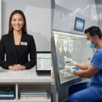 Split image of a retail pharmacy technician at a counter and a hospital pharmacy technician preparing IV admixture with a faint US map and salary chart overlay