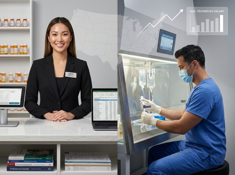 Split image of a retail pharmacy technician at a counter and a hospital pharmacy technician preparing IV admixture with a faint US map and salary chart overlay
