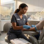 Diverse phlebotomist drawing blood next to a US map and an upward salary graph with certification badges visible