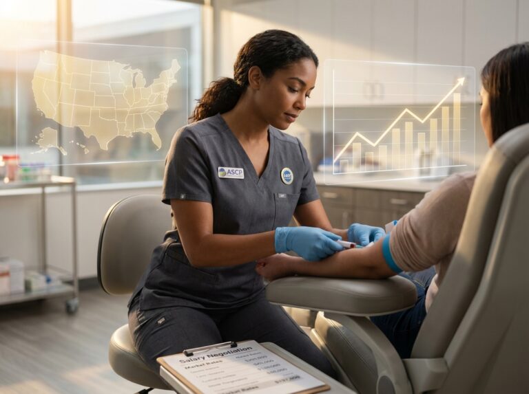 Diverse phlebotomist drawing blood next to a US map and an upward salary graph with certification badges visible