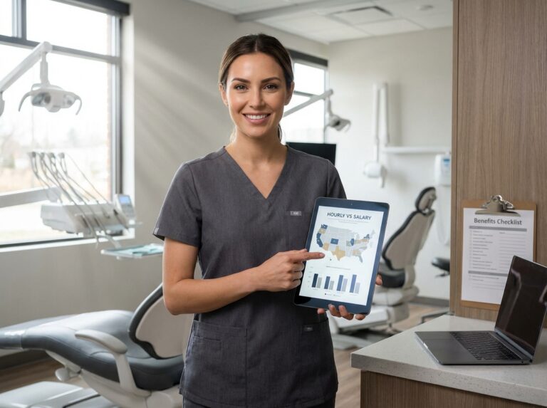 Dental hygienist in scrubs holding a tablet with pay comparison charts and a US map in a modern dental clinic