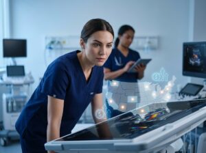 Diagnostic medical sonographer reviewing ultrasound images on a monitor with a semi-transparent U.S. map overlay and salary icons indicating geographic pay differences