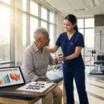 Physical Therapist Assistant working with older patient while tablet shows salary charts and US map; clinic setting with warm natural light