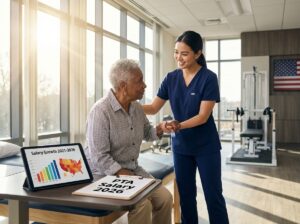 Physical Therapist Assistant working with older patient while tablet shows salary charts and US map; clinic setting with warm natural light