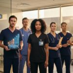 Diverse medical assistants in a clinic with a tablet showing salary charts and a US map overlay, one displaying a certification badge