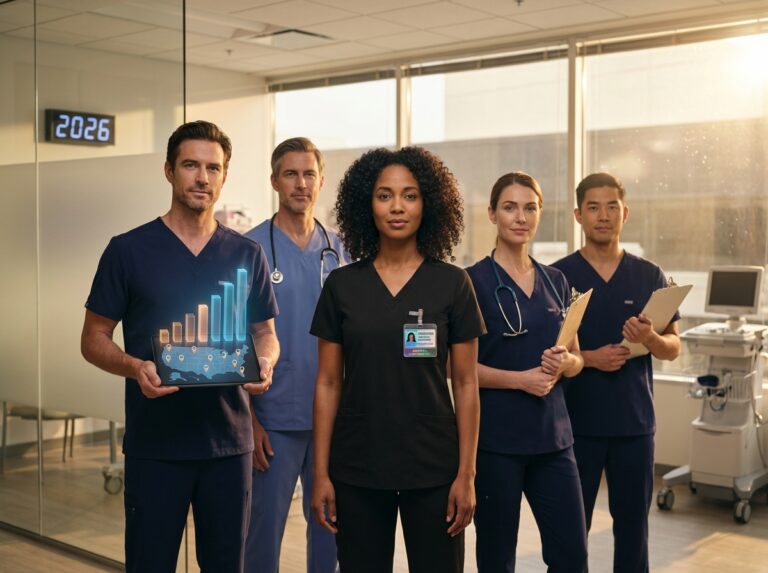 Diverse medical assistants in a clinic with a tablet showing salary charts and a US map overlay, one displaying a certification badge