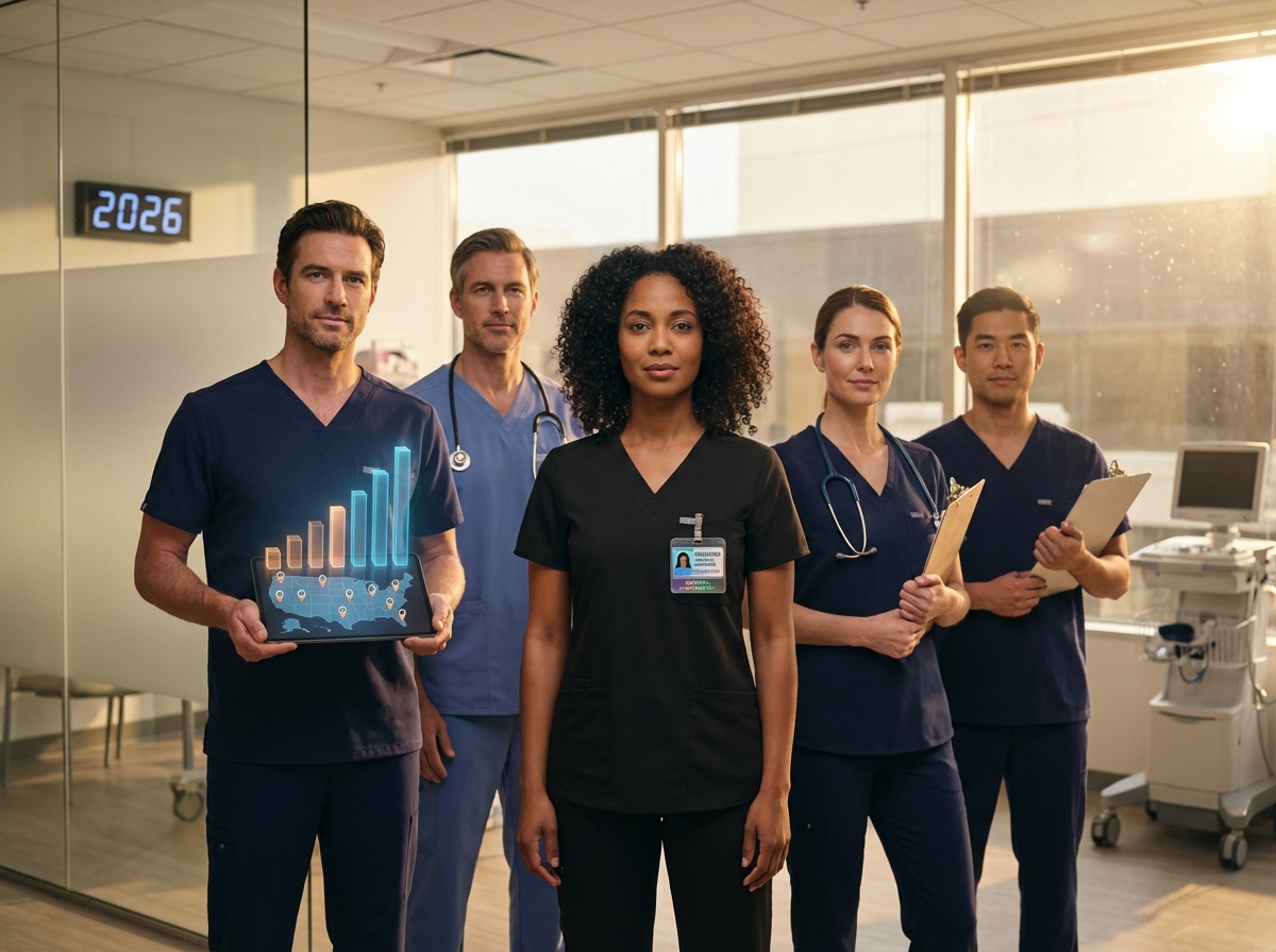 Diverse medical assistants in a clinic with a tablet showing salary charts and a US map overlay, one displaying a certification badge