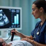 Diagnostic medical sonographer performing ultrasound with monitor displaying imaging and salary trend overlay