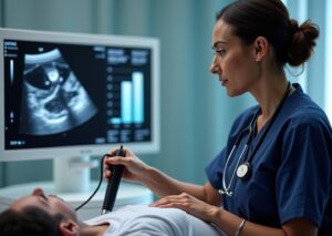 Diagnostic medical sonographer performing ultrasound with monitor displaying imaging and salary trend overlay