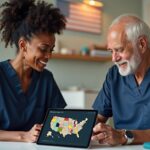 COTA assisting an older patient in a clinic with a laptop showing US salary charts and a state pay map in the background