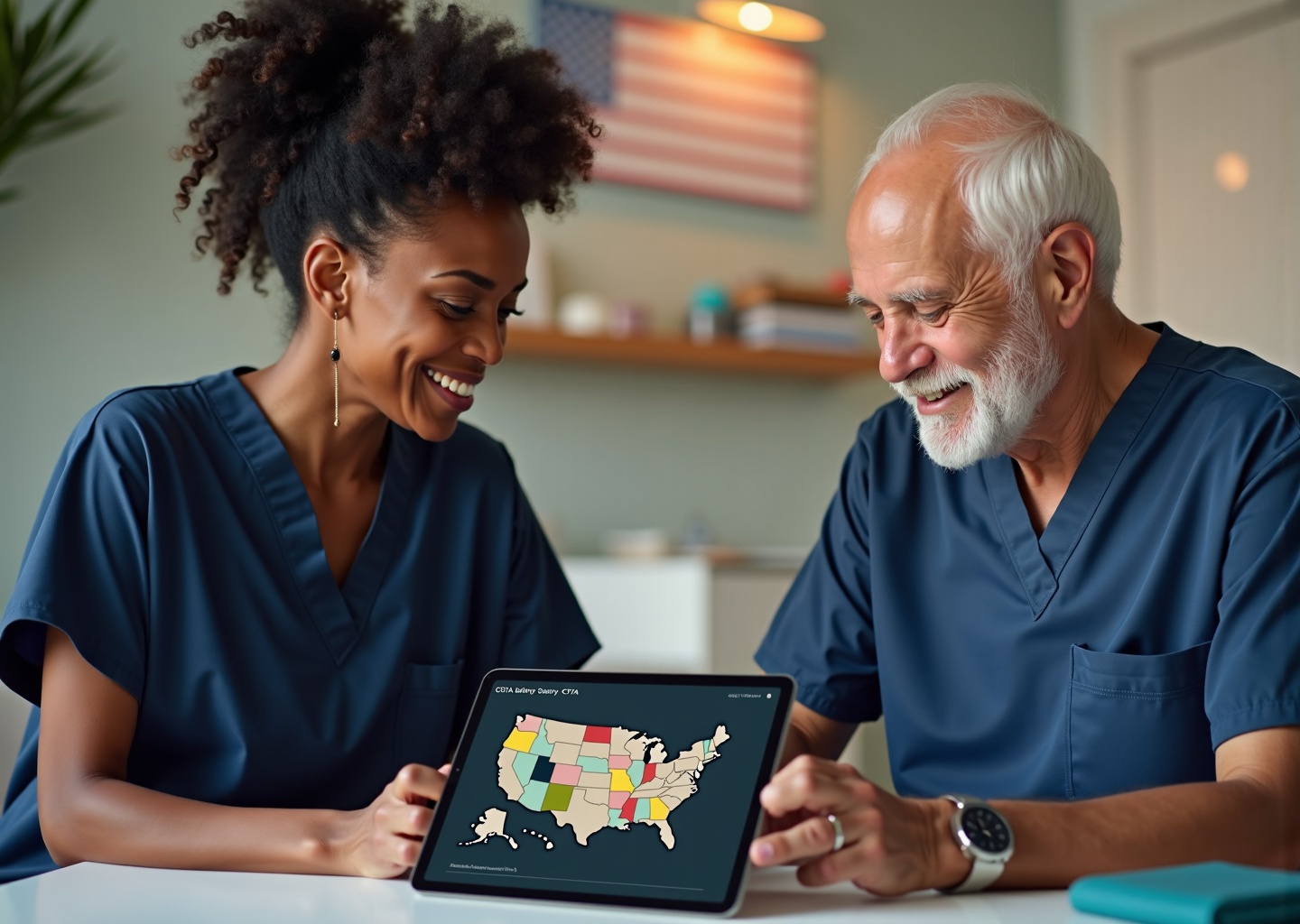 COTA assisting an older patient in a clinic with a laptop showing US salary charts and a state pay map in the background