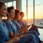 Diverse travel allied health professionals (sonographer, respiratory therapist, physical therapist) reviewing contract details with a recruiter at an airport lounge, with a faint US map overlay showing highlighted states