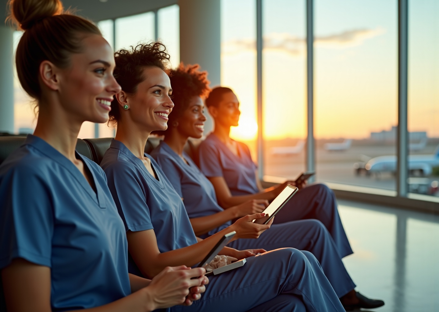 Diverse travel allied health professionals (sonographer, respiratory therapist, physical therapist) reviewing contract details with a recruiter at an airport lounge, with a faint US map overlay showing highlighted states