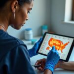 Phlebotomy technician drawing blood while viewing pay rate chart and US map on a tablet in a clinical setting