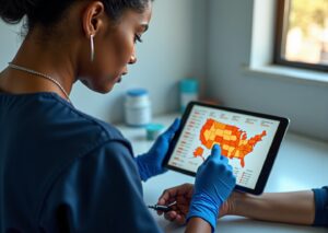 Phlebotomy technician drawing blood while viewing pay rate chart and US map on a tablet in a clinical setting