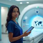 Radiologic technologist in scrubs holding tablet in a modern imaging suite beside CT and X-ray equipment with a subtle US map overlay