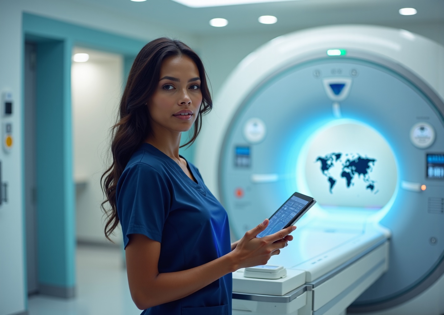 Radiologic technologist in scrubs holding tablet in a modern imaging suite beside CT and X-ray equipment with a subtle US map overlay