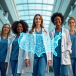 Diverse allied health professionals in a hospital lobby with a U.S. map overlay and dollar symbols representing highest paying states for allied health jobs