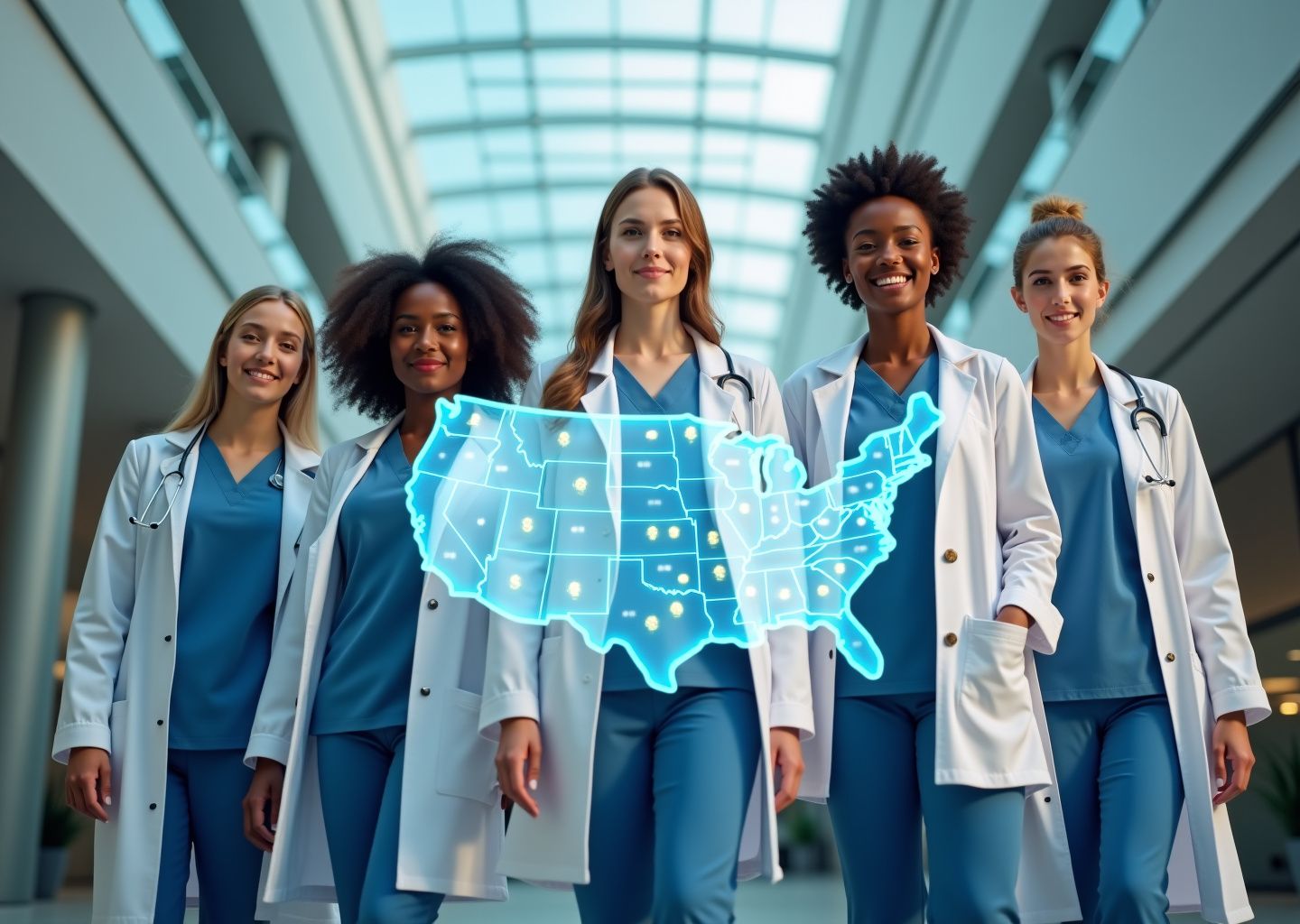 Diverse allied health professionals in a hospital lobby with a U.S. map overlay and dollar symbols representing highest paying states for allied health jobs