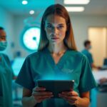 Surgical technologist in scrubs comparing salary charts on a tablet with hospital and ambulatory surgery center in the background