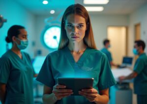 Surgical technologist in scrubs comparing salary charts on a tablet with hospital and ambulatory surgery center in the background
