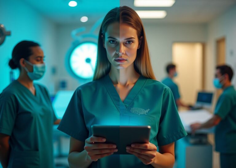 Surgical technologist in scrubs comparing salary charts on a tablet with hospital and ambulatory surgery center in the background