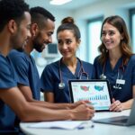 Diverse respiratory therapists reviewing salary chart and certification badges in a hospital with US map overlay