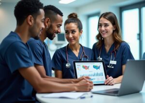 Diverse respiratory therapists reviewing salary chart and certification badges in a hospital with US map overlay