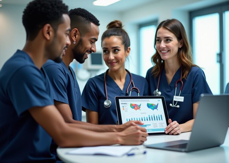 Diverse respiratory therapists reviewing salary chart and certification badges in a hospital with US map overlay